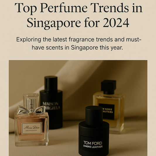uxury designer perfumes including Tom Ford, Miss Dior, and Maison Margiela arranged on a beige surface, showcasing top fragrance trends in Singapore for 2024.