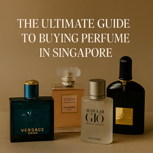 Four luxury perfume bottles—Versace Eros, Chanel Coco Mademoiselle, Giorgio Armani Acqua di Giò, and Tom Ford Black Orchid—elegantly arranged on a beige surface with soft lighting, under the headline 'The Ultimate Guide to Buying Perfume in Singapore