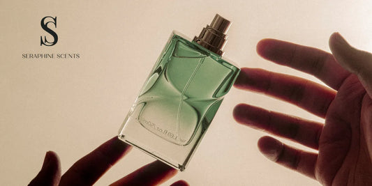 Perfume bottle being passed between hands on a soft beige background with Seraphine Scents logo