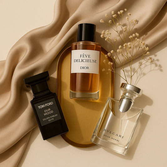 A digital photograph showcases three luxury perfumes — Tom Ford Oud Wood, Dior Fève Délicieuse, and Bvlgari Pour Homme — arranged on a golden tray with silk fabric and dried flowers, highlighting elegance and authenticity.