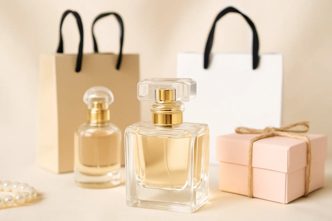 An elegant flat lay of perfume bottles on a neutral background, representing authentic fragrances available in Singapore.