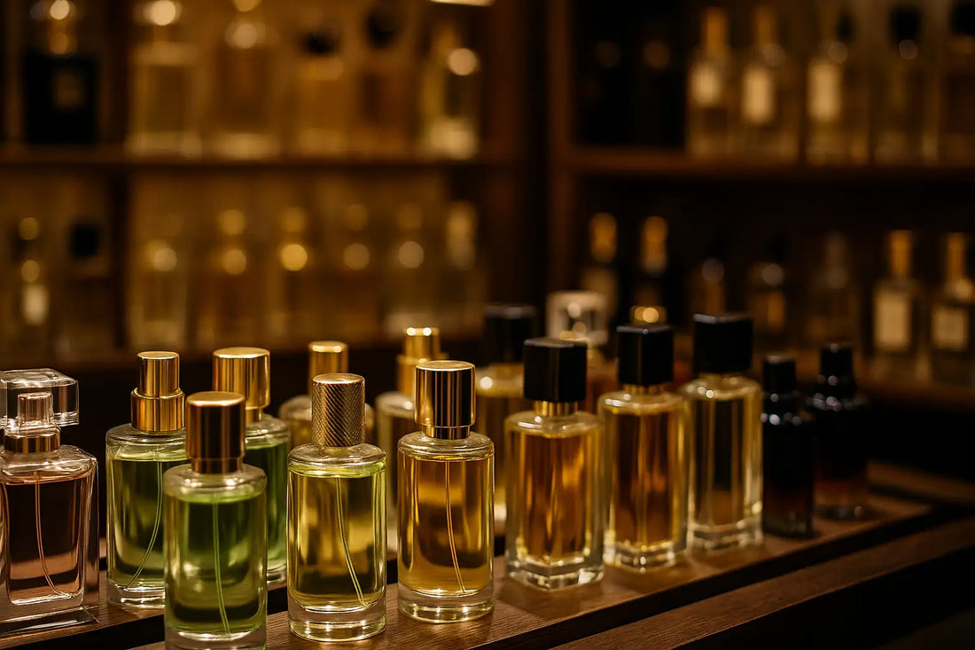 Luxury perfume bottles neatly displayed on shelves in a Singapore fragrance store