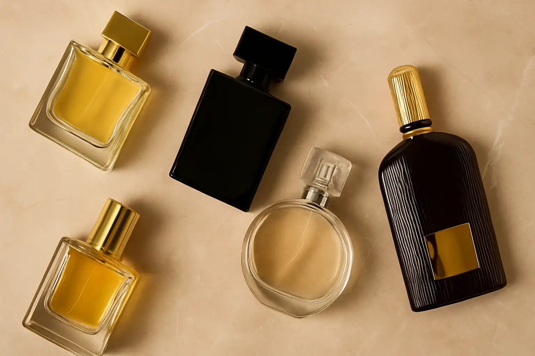 Luxury men’s perfume bottles arranged on marble, showcasing best scents for modern masculinity