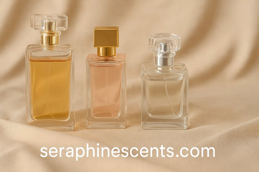 A digital photograph showcases three elegant perfume bottles with soft background lighting