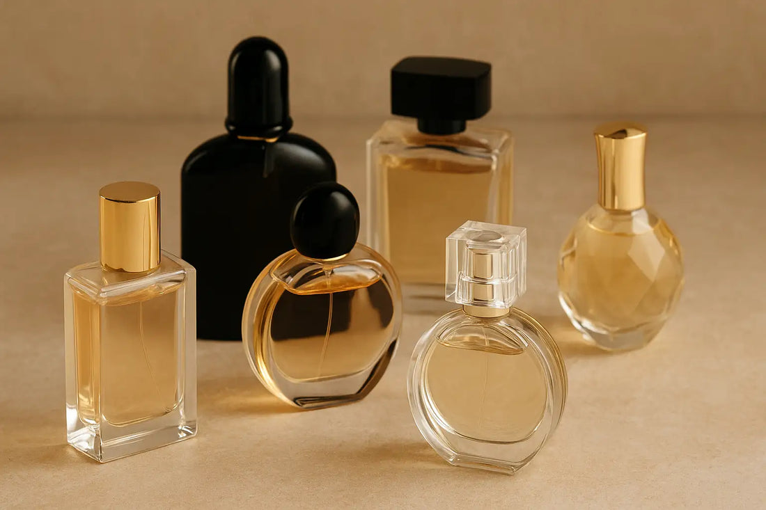 Collection of luxury perfume bottles in warm tones, perfect for a guide on the best perfumes in Singapore.