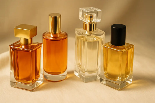 A digital photograph displays four stylish perfume bottles placed on a light-toned background, representing affordable luxury fragrances available in Singapore.