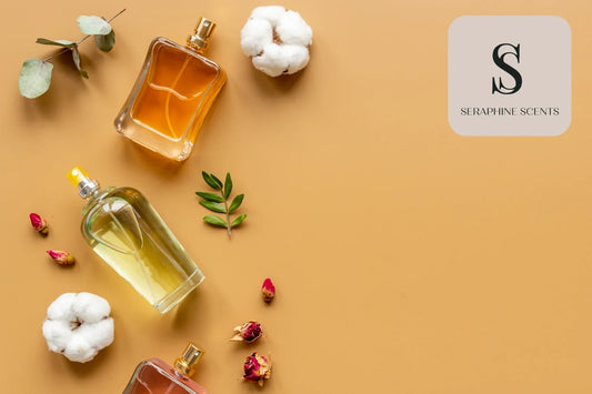 Citrus perfume bottles with cotton flowers and green leaves — Seraphine Scents Singapore