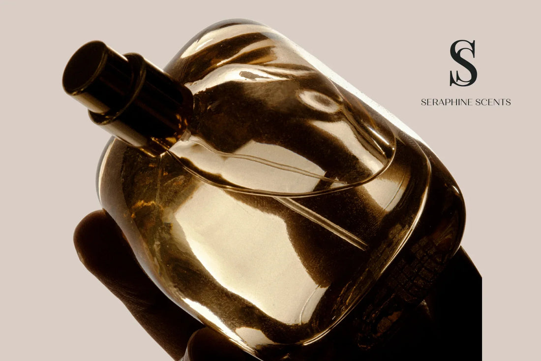 Eau de Parfum luxury fragrance bottle in golden tones - Seraphine Scents