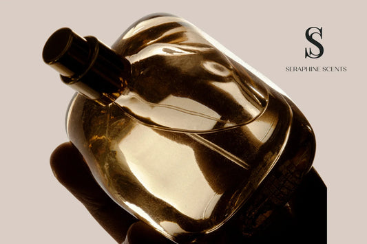 Eau de Parfum luxury fragrance bottle in golden tones - Seraphine Scents