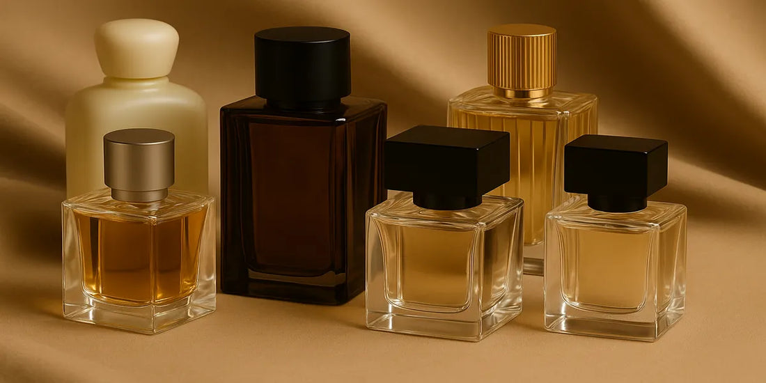 Five elegant perfume bottles in various glass finishes arranged on beige fabric, representing affordable fragrances that feel luxurious.