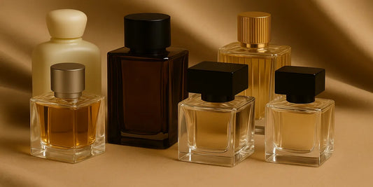 Five elegant perfume bottles in various glass finishes arranged on beige fabric, representing affordable fragrances that feel luxurious.