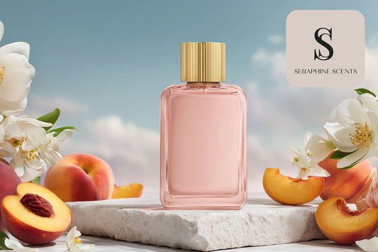 Elegant floral perfume bottle surrounded by white flowers and peaches — Seraphine Scents Singapore