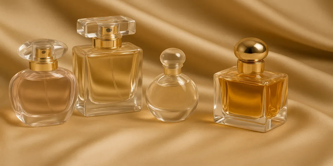 Four elegant women’s perfume bottles arranged on champagne-colored silk fabric, showcasing luxury and femininity in Singapore.
