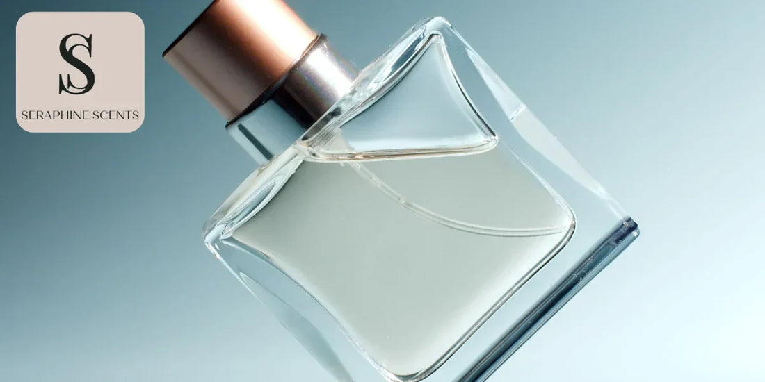 Elegant clear perfume bottle angled against a blue gradient background with Seraphine Scents logo — blog on fragrance layering myths