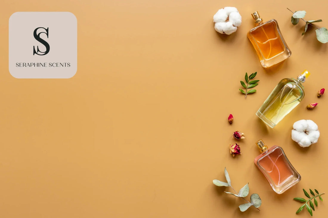 Fragrances Singapore - elegant perfume bottles with natural elements and Seraphine Scents branding