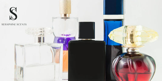 Assorted modern perfume bottles arranged on white background with Seraphine Scents logo — representing evolution of fragrance through time