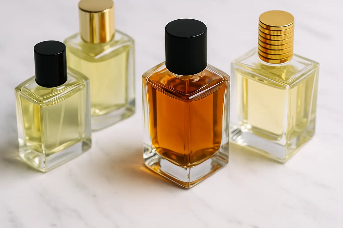 A close-up photograph of several cologne bottles arranged on a light marble surface, highlighting their unique shapes and sleek designs.