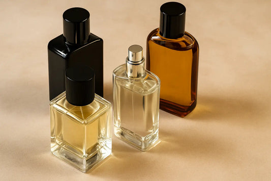 Four men’s perfume bottles displayed on a beige surface in amber, black, and clear tones, arranged in a soft lighting setup.