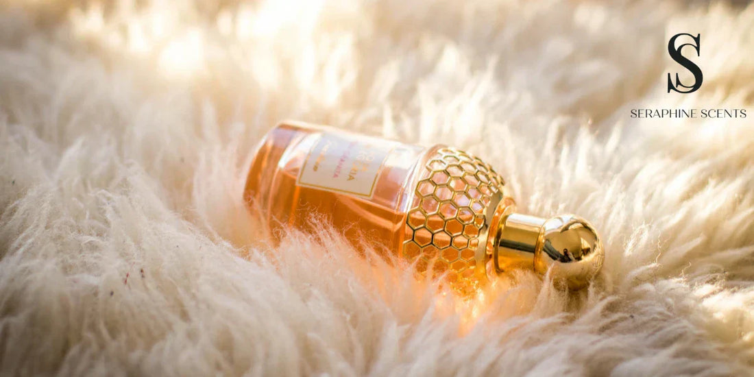 Elegant golden perfume bottle resting on soft white fur — symbolizing luxury fragrance gifting by Seraphine Scents