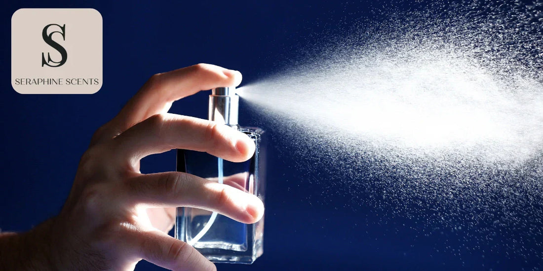 Hand spraying perfume into the air with Seraphine Scents logo