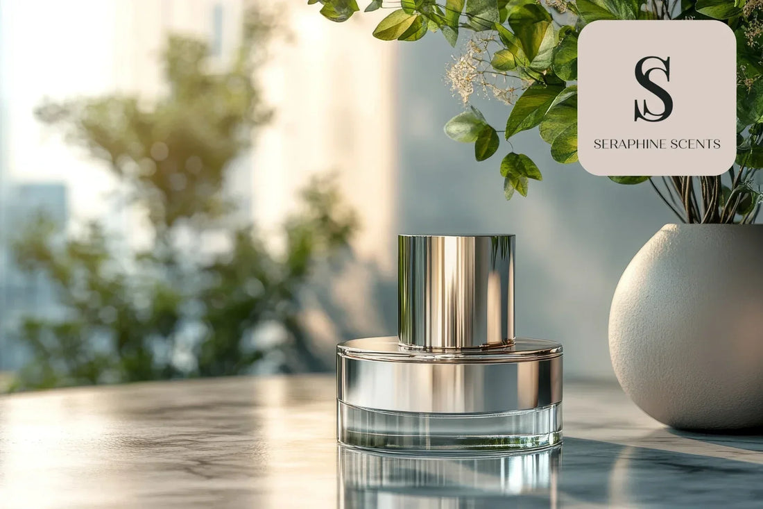 Perfume bottle on marble table with greenery – layering perfume with lotion in Singapore