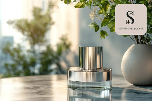 Perfume bottle on marble table with greenery – layering perfume with lotion in Singapore