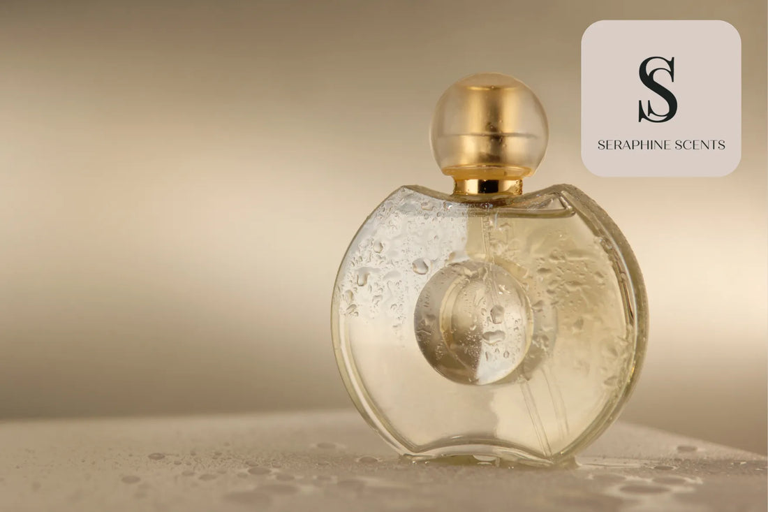 Luxury fragrance bottle with golden cap — elegant perfume notes in Singapore by Seraphine Scents