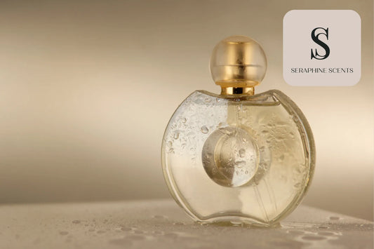 Luxury fragrance bottle with golden cap — elegant perfume notes in Singapore by Seraphine Scents