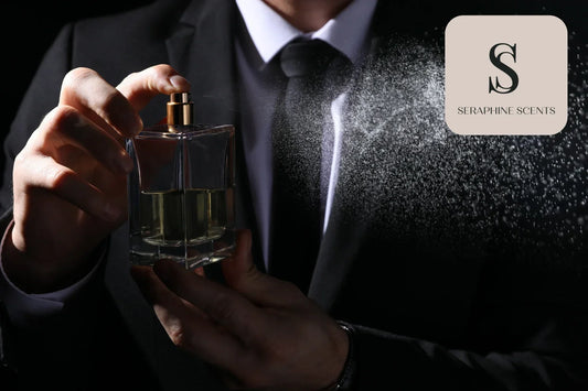 Male fragrances - man in suit spraying authentic perfume by Seraphine Scents