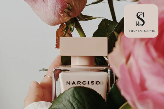 Oriental perfumes Singapore — elegant Narciso perfume bottle with floral background