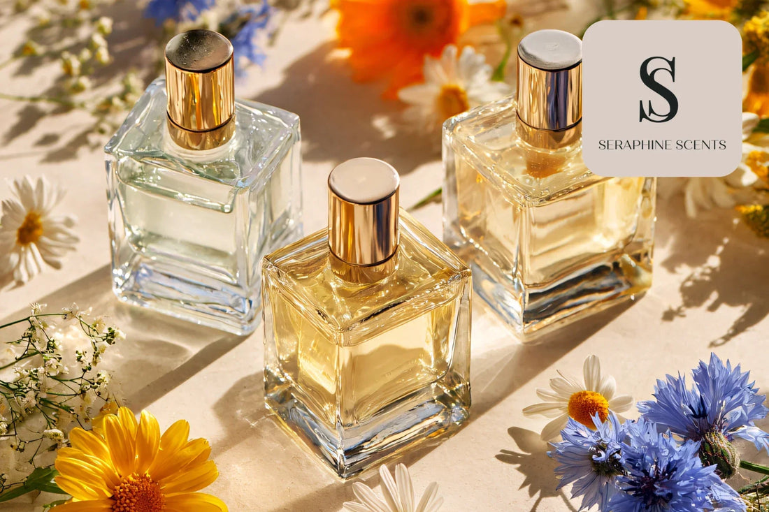 Parallel imported perfume bottles with flowers - Seraphine Scents Singapore