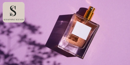 Perfume bottle on pink background with Seraphine Scents logo — blog on fragrance sensitivities