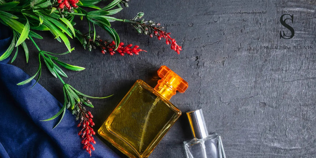 Flat lay of expired perfume bottles with natural floral accents — Seraphine Scents blog visual