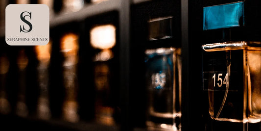 Close-up of various perfume bottles on display, illustrating natural vs synthetic fragrance ingredients.