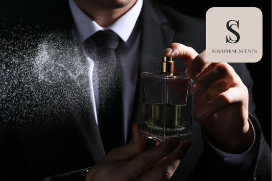 Perfume intensity guide Singapore — man spraying luxury fragrance by Seraphine Scents
