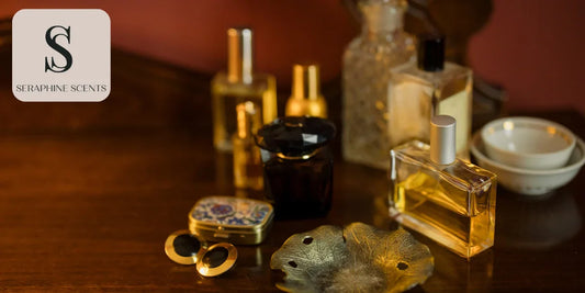 Perfume bottles and accessories arranged on a wooden vanity, representing scent pairing with outfits.