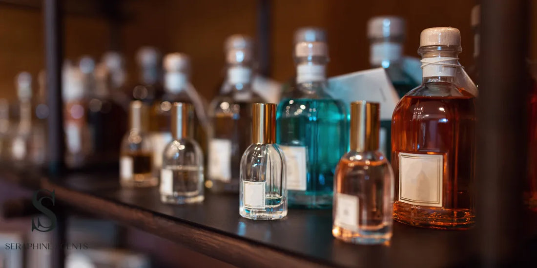 Shelf of assorted perfume bottles in a boutique with Seraphine Scents watermark