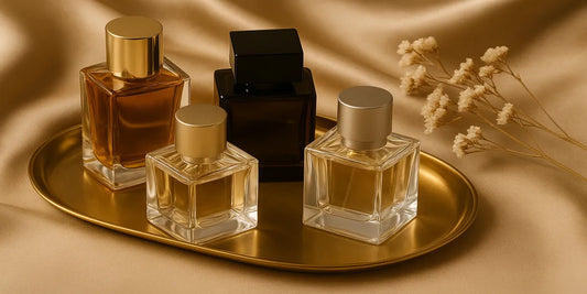 A digital photograph showcases three luxury perfumes arranged on a golden tray with silk fabric and dried flowers, highlighting elegance and authenticity.