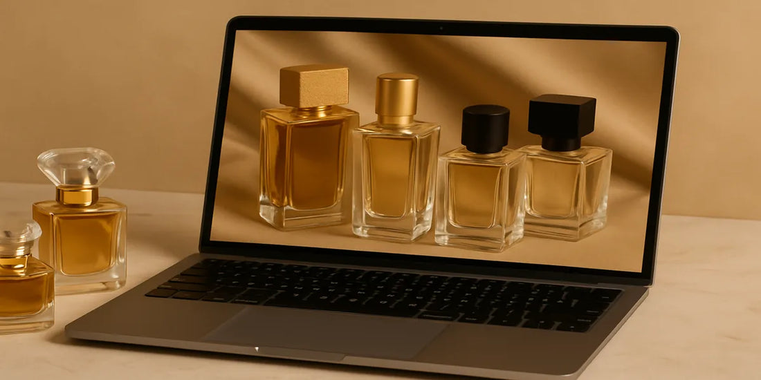 Promotional blog cover for Seraphine Scents featuring the best online perfume shops in Singapore — includes luxury fragrances and a laptop displaying the collection