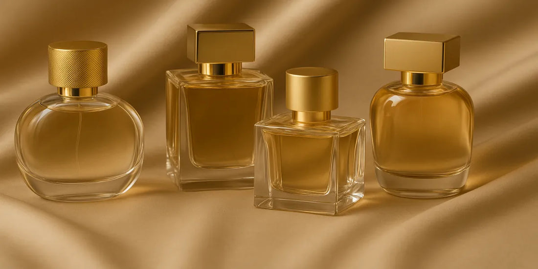 Four elegant perfume bottles on beige fabric with gold accents, reflecting luxury and authenticity — Seraphine Scents Singapore.