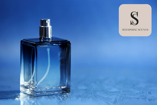SG fragrance bottle on blue background with Seraphine Scents logo