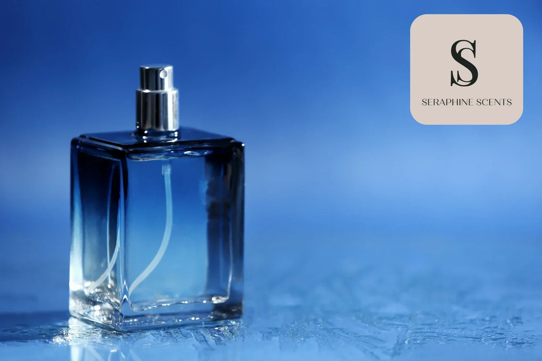SG fragrance bottle on blue background with Seraphine Scents logo