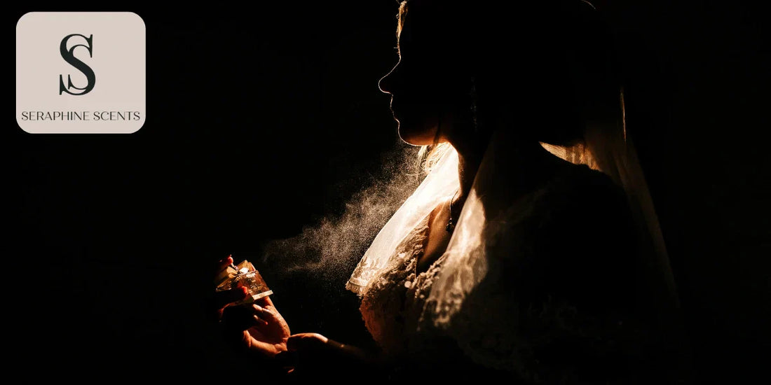 A woman spraying perfume in low light, symbolizing memory and mood