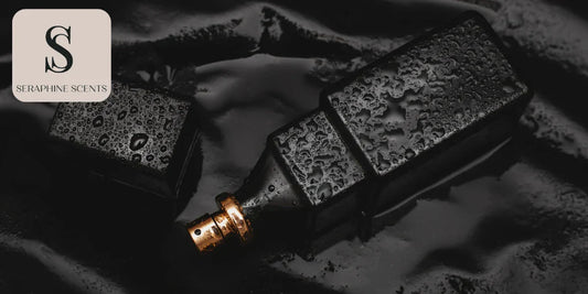Black perfume bottle with water droplets on a glossy surface — representing perfume longevity and fixatives