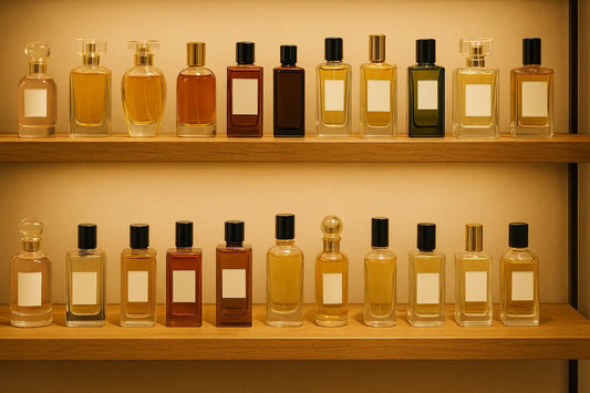 Luxury perfume bottles displayed neatly on wooden shelves in a well-lit store
