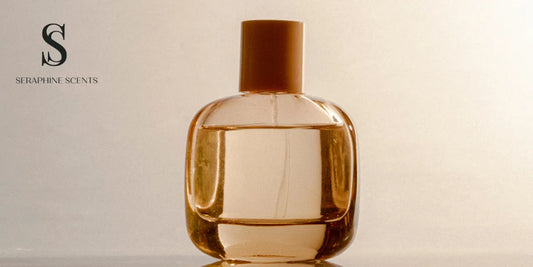 Minimalist perfume bottle with amber liquid and Seraphine Scents watermark