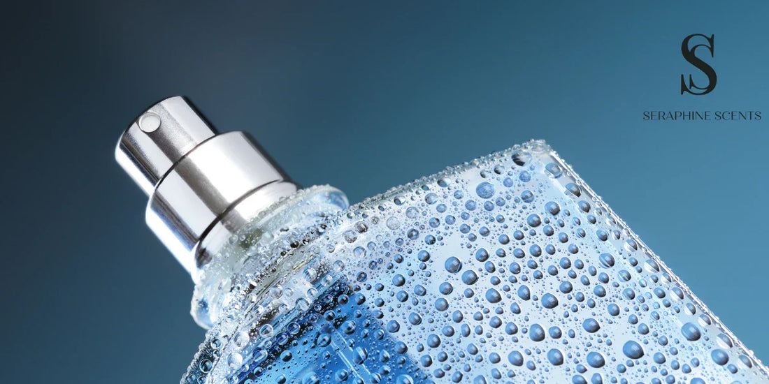 Close-up of a perfume bottle with water droplets — representing long-lasting fragrance by Seraphine Scents