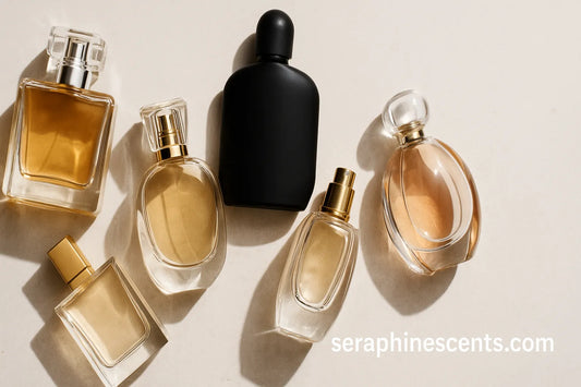 A stylish display of five premium perfume bottles on a wooden surface with warm lighting