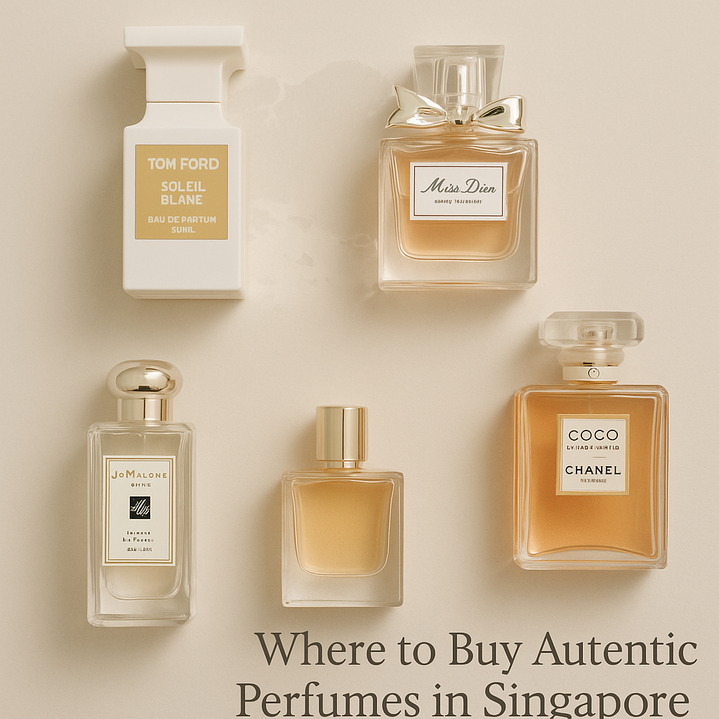 Flatlay of authentic designer perfumes — Tom Ford, Chanel, Jo Malone — with soft beige background and text ‘Where to Buy Authentic Perfumes in Singapore