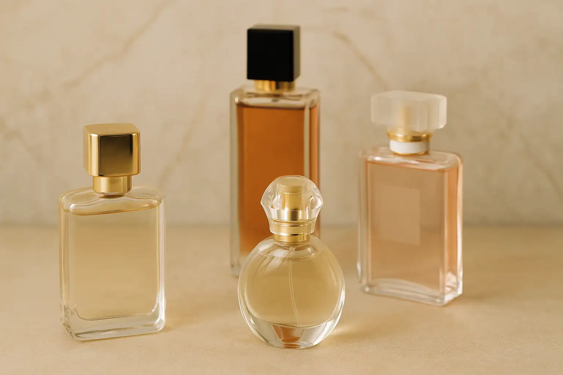 Four elegant perfume bottles arranged on a beige marble surface, symbolizing luxury fragrance options available in Singapore.